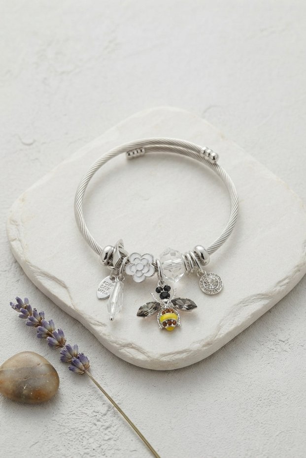 Silver Color Bracelet with Bee and White Flower Charms