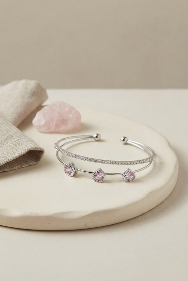 Pink Heart Model Zircon Stone Silver Color Women's Bracelet