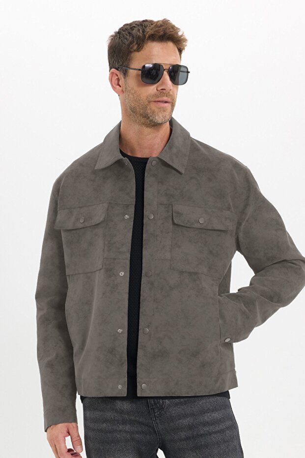 Men's Relax Fit Comfortable Cut Shirt Collar Snap Closure Suede Look Lined Pocketed Gray Coat