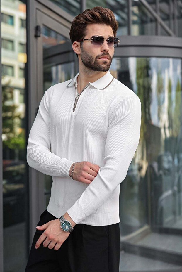 White Polo Collar Half Zipper Ribbed Men's Knitwear Sweater E7515