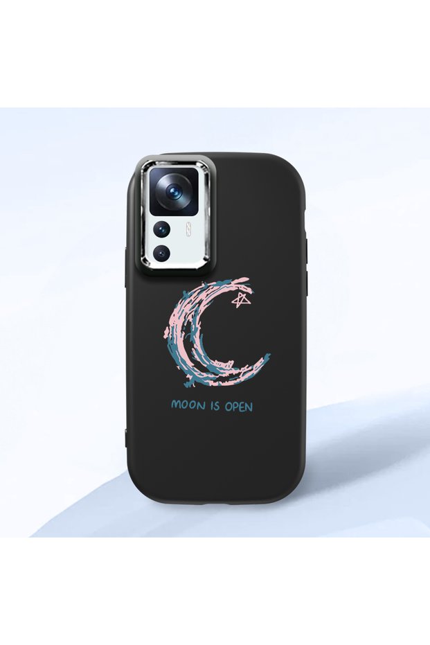 Mi 12t Compatible Shock-Absorbing Camera Protected Black Silicone Case Moon and Star Pattern