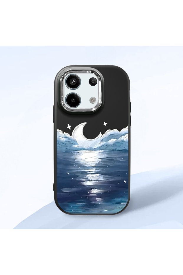 Poco X6 Compatible Shock-Absorbing Camera Protected Black Silicone Case Moon Rising from the Sea