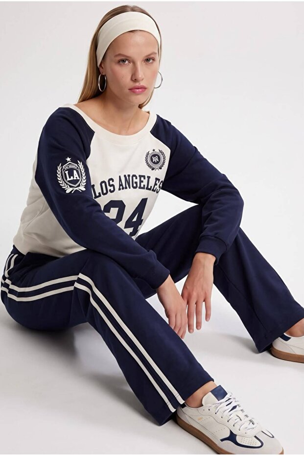 Women's Stone Boat Neck Sweatshirt with Striped Bottoms and Tracksuit in Navy Blue