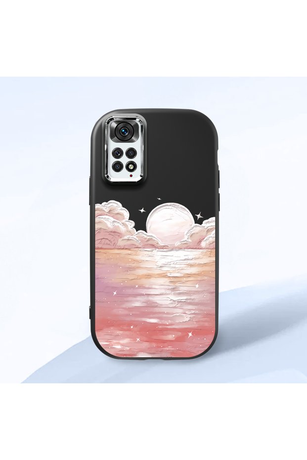 Redmi Note 11/Note 11S Compatible Shock-Absorbing Black Silicone Case with Camera Protection Sunrise at Sea