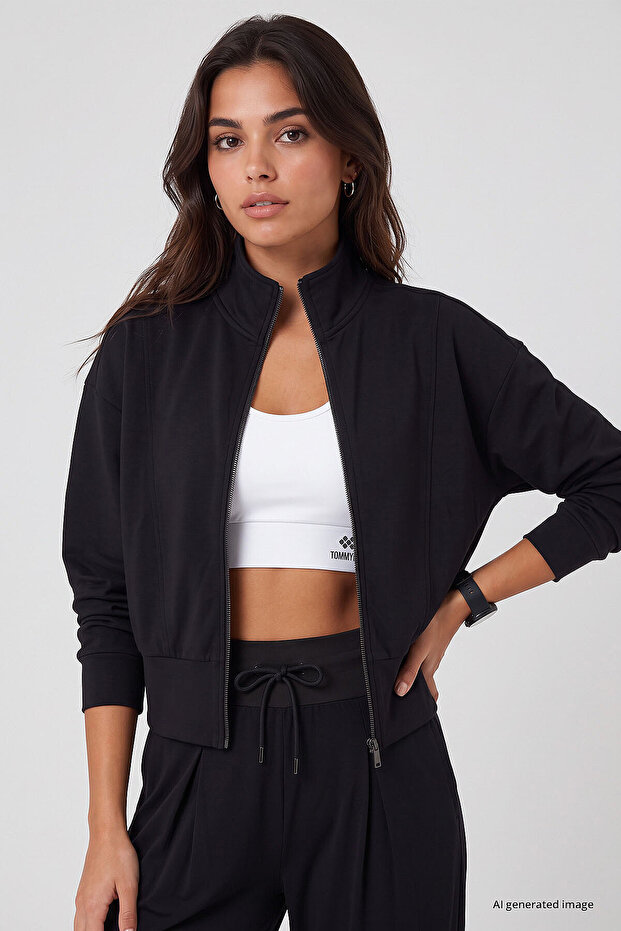 Black Stand Collar Standard Fit Crop Women's Sweatshirt - 97317