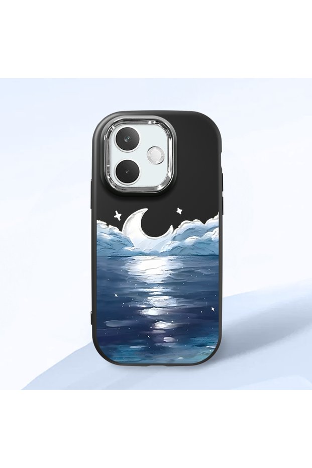 Oppo A5 Pro 4G/5G Compatible Shock-Absorbing Camera Protected Black Silicone Case the Moon Rising from the Sea