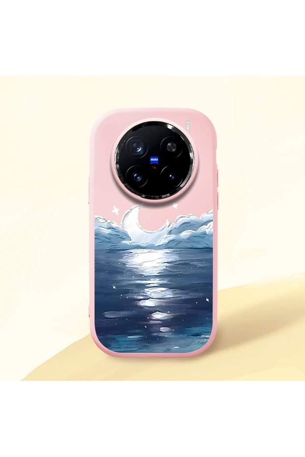 Vivo X200 Pro Compatible Shock-Absorbing Camera Protected Pink Silicone Case the Moon Rising from the Sea