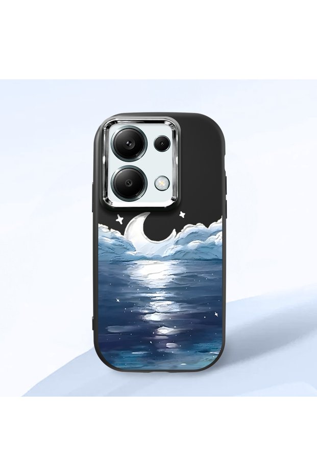 Redmi Note 13 Pro 4g Compatible Shock-Absorbing Camera Protected Black Silicone Case Moon Rising from the Sea