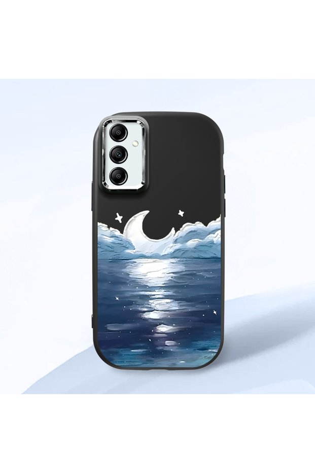 Samsung Galaxy A14 4G/5G Compatible Shock-Absorbing Camera Protected Black Silicone Case Moon Rising from the Sea