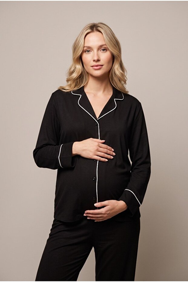 Women's Black Ribbed Front Buttoned Maternity Pajama Set for Easy Breastfeeding