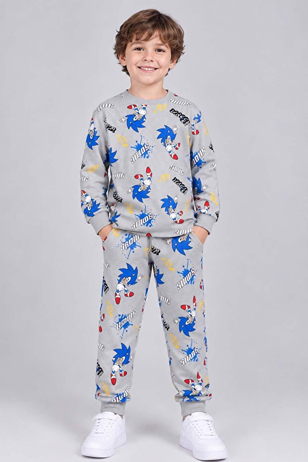 Gray Pajama Set for Boys with Sonic Text and Character Print
