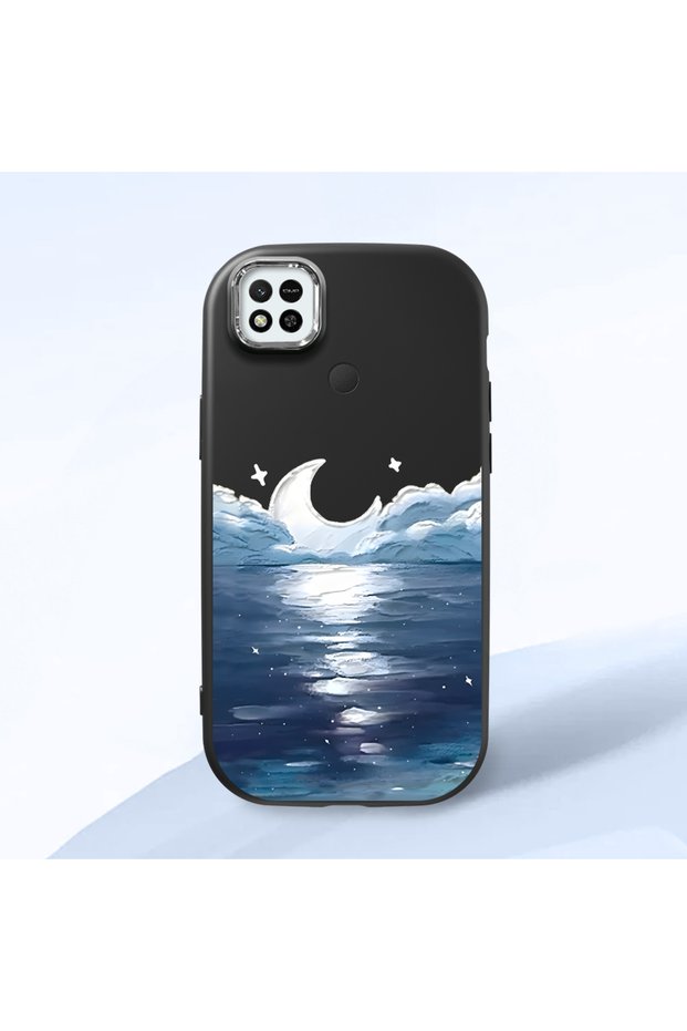 Redmi 9C/10A Compatible Shock-Absorbing Camera Protected Black Silicone Case the Moon Rising from the Sea