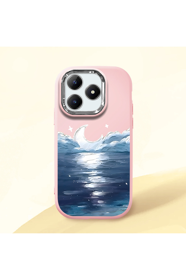 Realme C63 4G/C61 Compatible Shock-Absorbing Camera Protected Pink Silicone Case the Moon Rising from the Sea