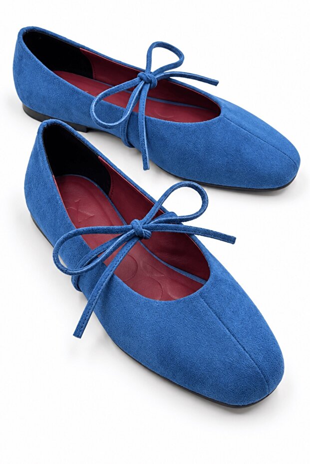Aster Women's Suede Blue Bow Detailed Blunt Toe Orthopedic Pad Supported Daily Ballet Shoes