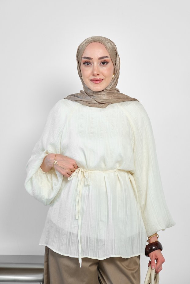 Women's Waist-Tied Blouse with Ankle Elastic Detail, Cream
