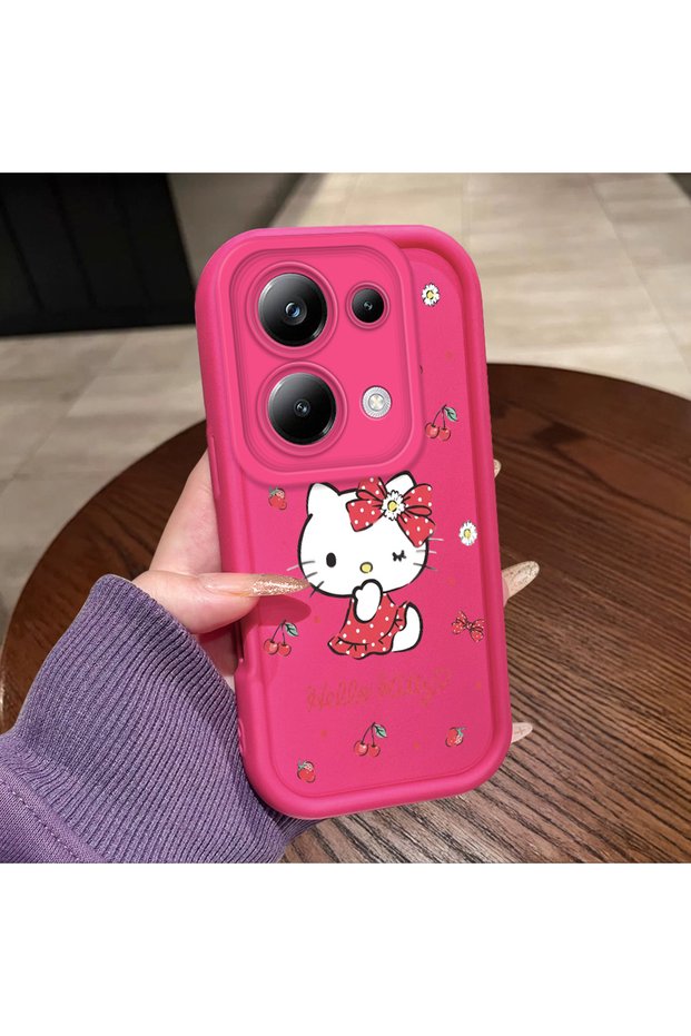 حافظة Poco M6 Pro 4G متوافقة مع نمط Cherry Kitty من السيليكون باللون الأحمر الوردي وحماية للكاميرا مقاومة للصدمات