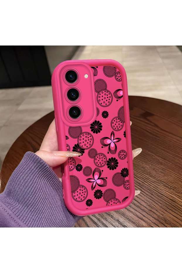 Samsung Galaxy S23 Compatible Pink Red Silicone Flower and Butterfly Pattern Case Shockproof Camera Protection