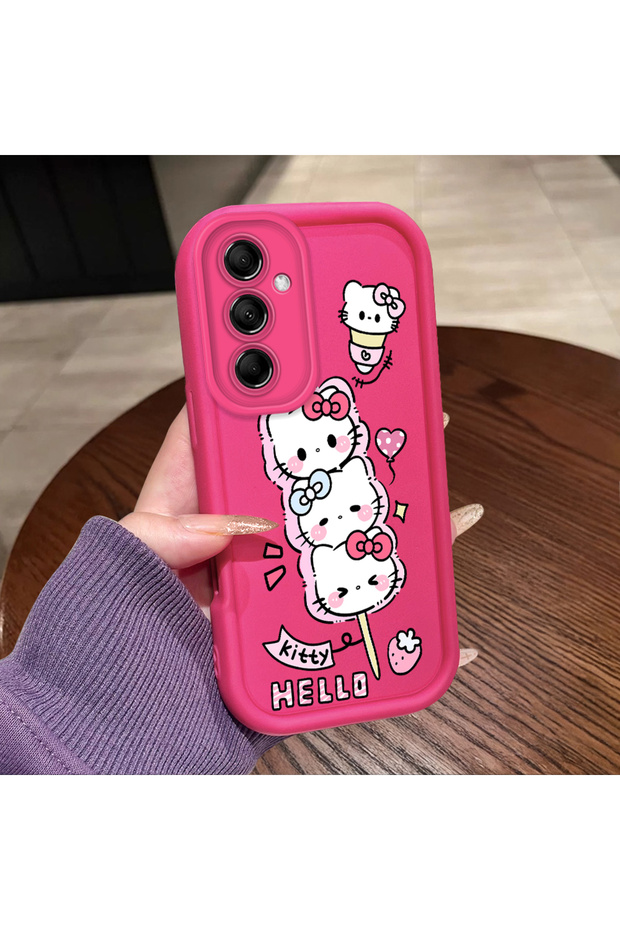 Samsung Galaxy M14 5g Compatible Pink Red Silicone Strawberry Kitty Pattern Case Shockproof Camera Protection