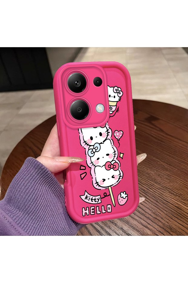 Redmi Note 14S Compatible Pink Red Silicone Strawberry Kitty Pattern Case Shockproof Camera Protection