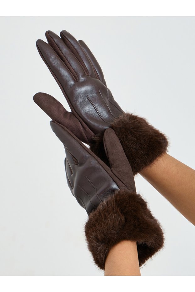 Coffee Brown Faux Fur Trim Gloves