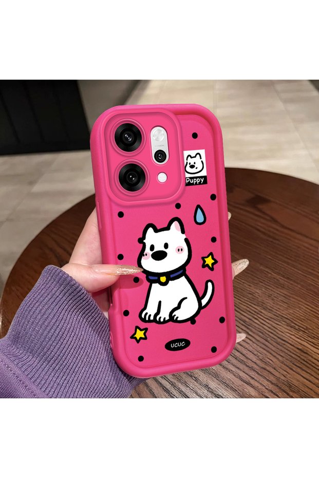 Oppo Reno 14 Pro Compatible Pink Red Silicone Dotted Dog Pattern Case Shockproof Camera Protection