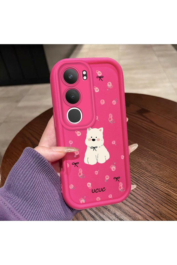 Vivo Y29 5g Compatible Pink Red Silicone Rose Dog Pattern Case Shockproof Camera Protection