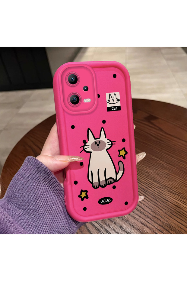 Redmi Note 12 5g Compatible Pink Red Silicone Dotted Cat Pattern Case Shockproof Camera Protection