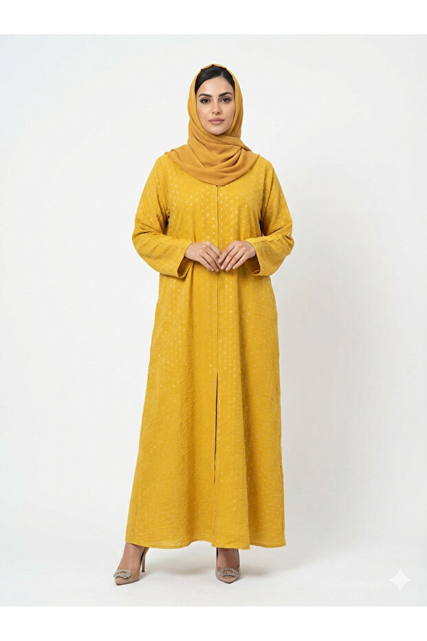 Rizqé Saffron Modest Sunstone Vibrant Yellow Mineral Print Abaya