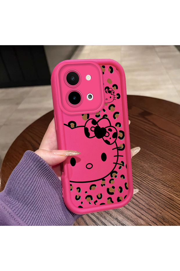 Vivo Y28 4g Compatible Pink Red Silicone Leopard Pattern Kitty Case Shockproof Camera Protection