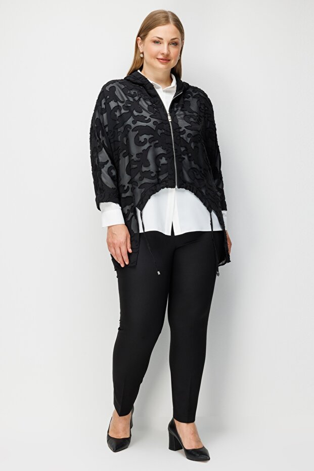 Women's Plus Size Short-Front Gathered Shirt and Zipper Closure Jacquard Double Suit 0390 Black