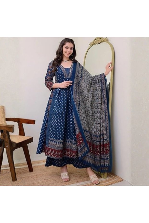 Teal Blue Viscose Cotton Salwar Kameez Dupatta - ALV2048 | Teal Blue-Size:3XL-46-Inches