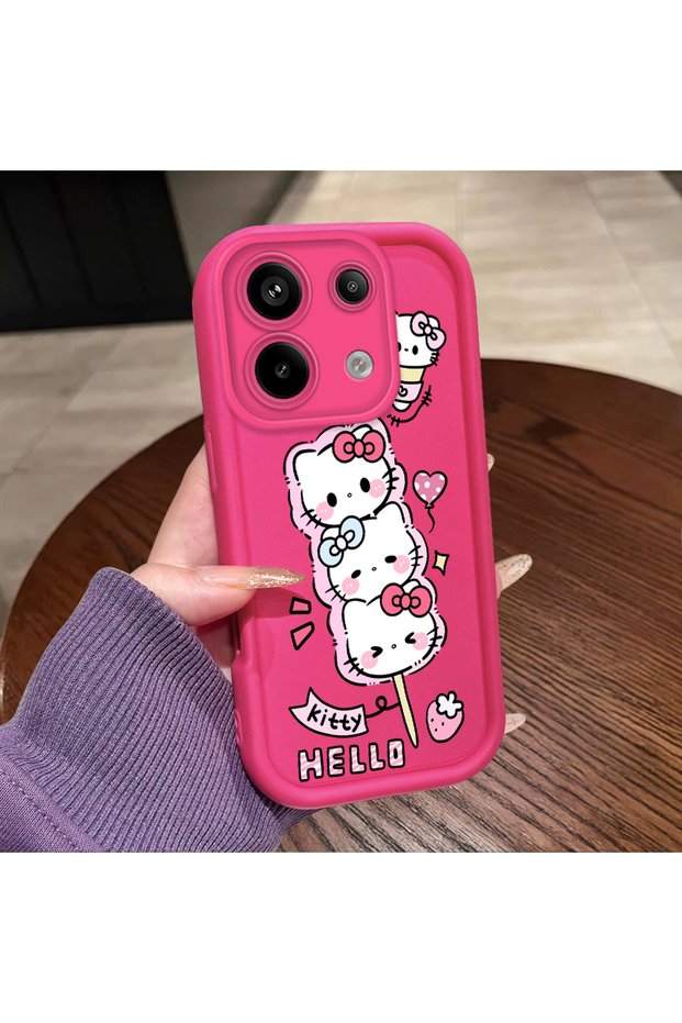 Poco X6 Compatible Pink Red Silicone Strawberry Kitty Pattern Case Shockproof Camera Protection
