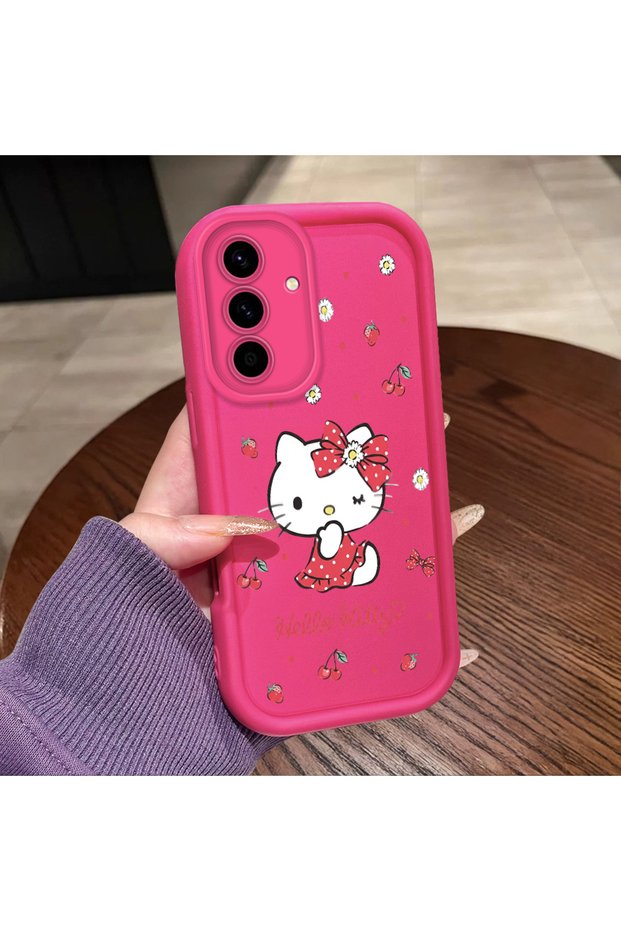 Samsung Galaxy A36 Compatible Pink Red Silicone Cherry Kitty Pattern Case Shockproof Camera Protection