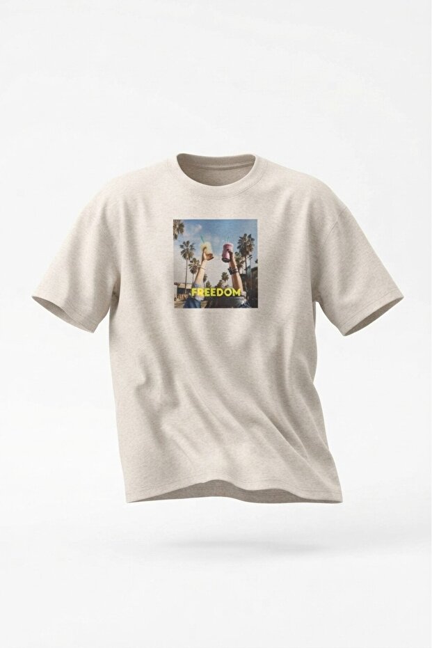 Freedom Printed - Premium Fabric Oversize Men's Short Sleeve T-Shirt Beige