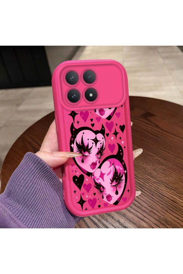 Poco F8 Pro Compatible Pink Red Silicone Heart Mask Pattern Case Shockproof Camera Protection