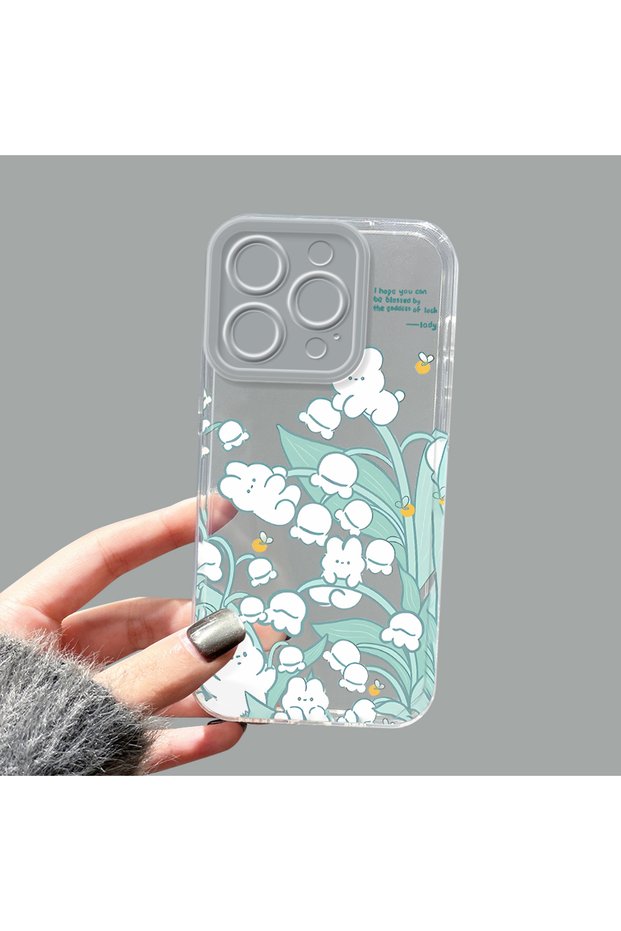 iPhone 15 Pro Compatible Transparent Silicone Case with Flower Pattern Cute Rabbit Design Camera Protected Anti-Shock