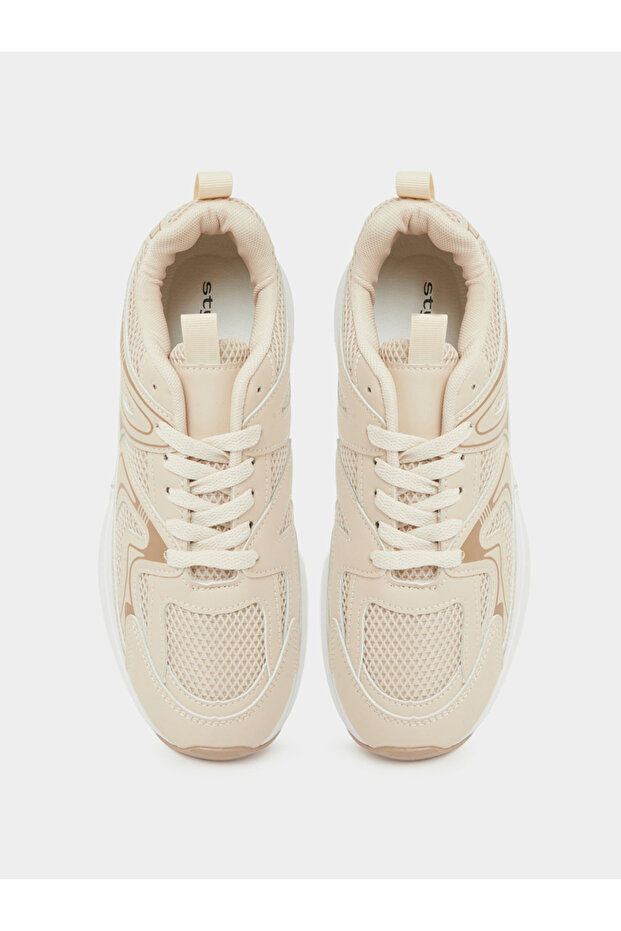 Beige Mesh Details Lace-Up Sports Sneakers