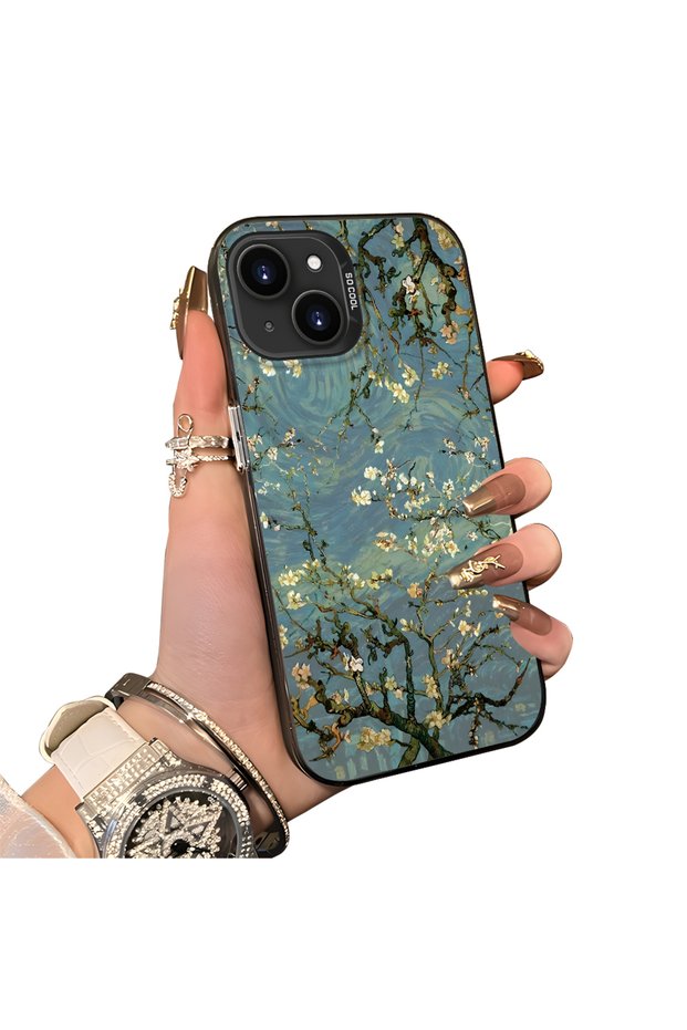 iPhone 13/14 Compatible Retro Oil Painting Apricot Blossom Pattern Case, Full Lens Protection