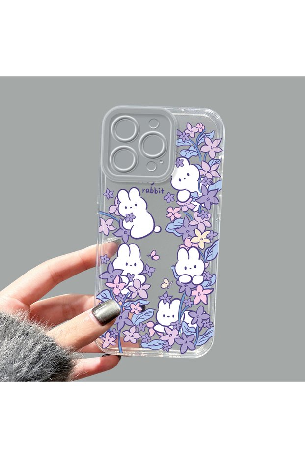 iPhone 16 Pro Max Compatible Transparent Silicone Case Purple Floral Cute Baby Rabbit Pattern Camera Protected Anti-Shock