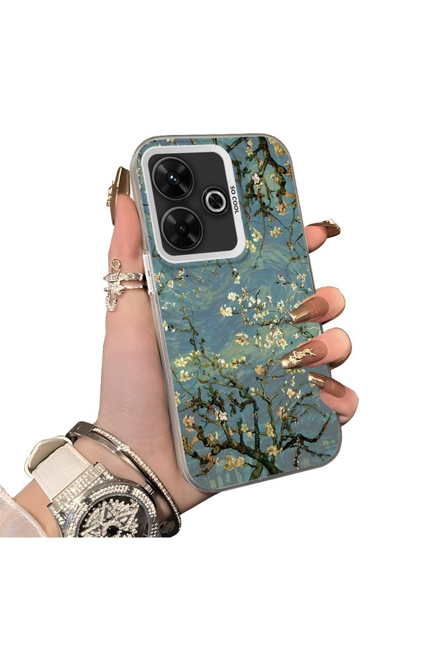 Poco M6 4g Compatible Retro Oil Painting Apricot Blossom Pattern Case, Full Lens Protection