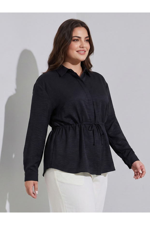 Plus Size Black Solid Tie-Up Waist Shirt