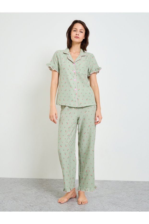 Floral Print Short Sleeve Pajama Set with Ruffles