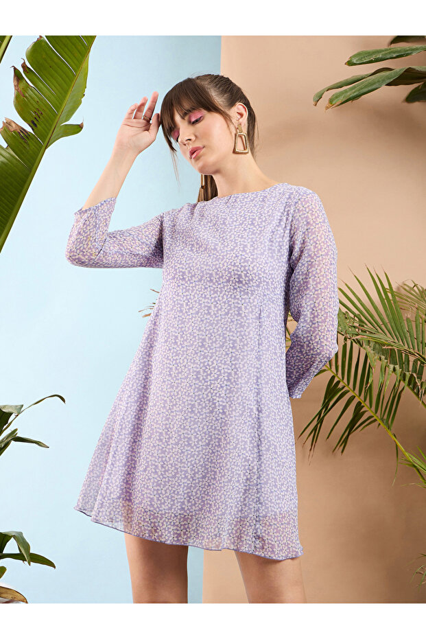 Lilac Ditsy Floral A-Line Mini Dress with 3/4 Sleeves