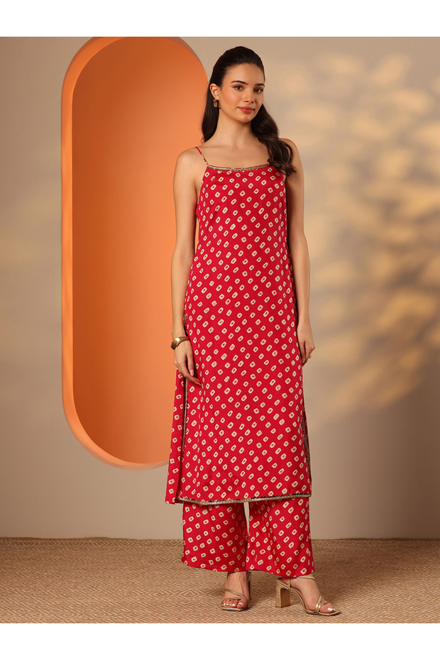 Red Printed Rayon Straight Kurta And Palazzo Set