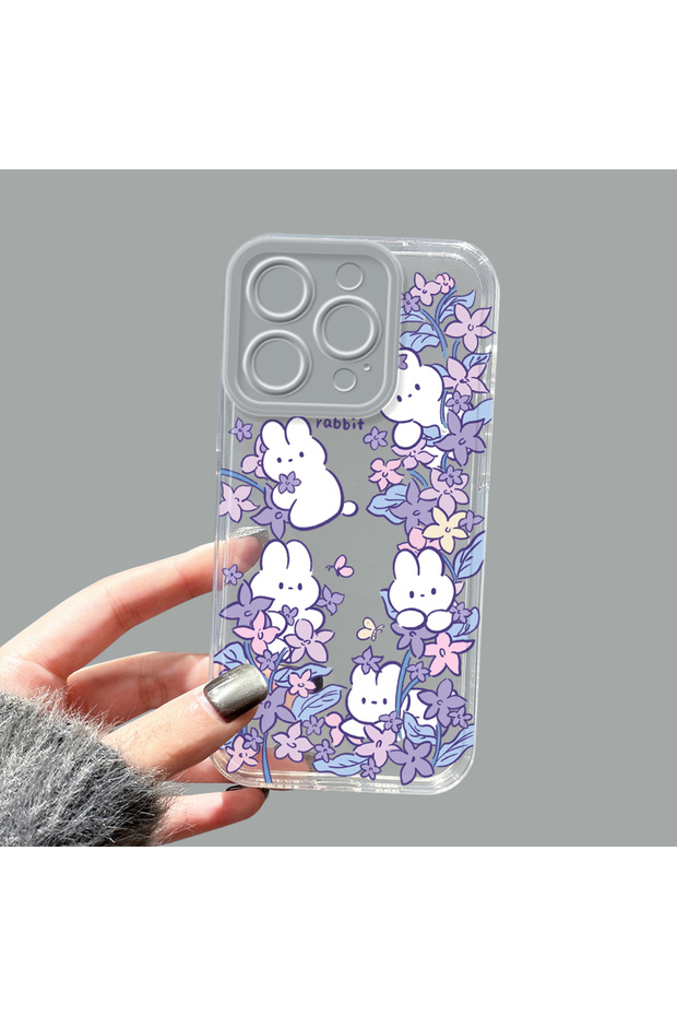 iPhone 14 Pro Compatible Transparent Silicone Case Purple Floral Cute Baby Rabbit Pattern Camera Protected Anti-Shock