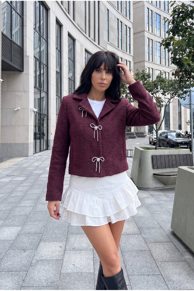 Women's New Season, Burgundy, Pocketed, Bow Stone Detailed Lined Jacket Coat