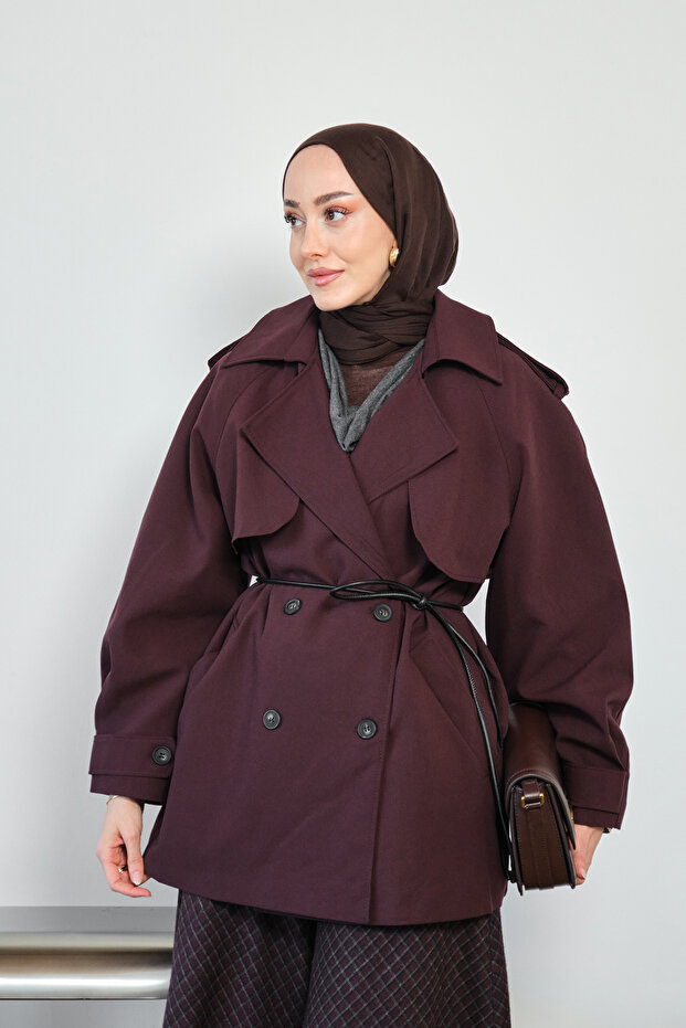 Women's Alerli Leather Belted Lined Short Trench Coat Plum