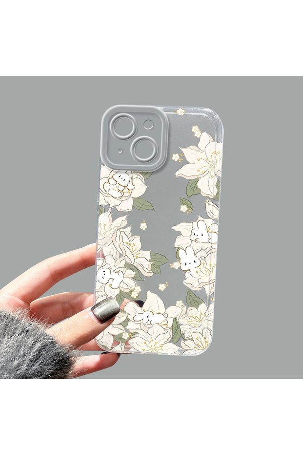 iPhone 15 Compatible Transparent Silicone Case with Floral Cute Rabbit Pattern Camera Protection Anti-Shock Phone Case