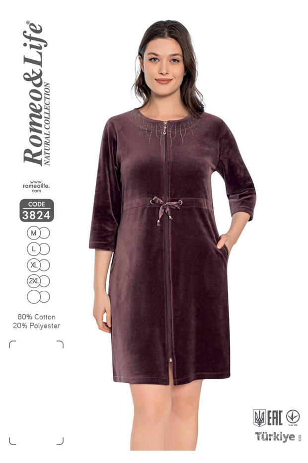Women's Cotton Velvet Zipper Winter Dress / Brown 3824