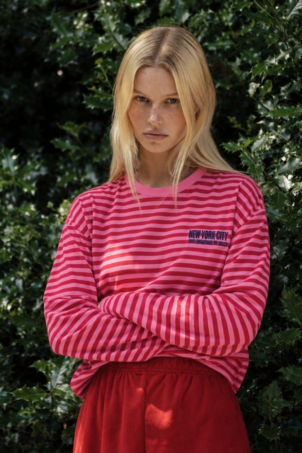 Women's Striped Long Sleeve T-Shirt New York City Printed Pink – Crew Neck